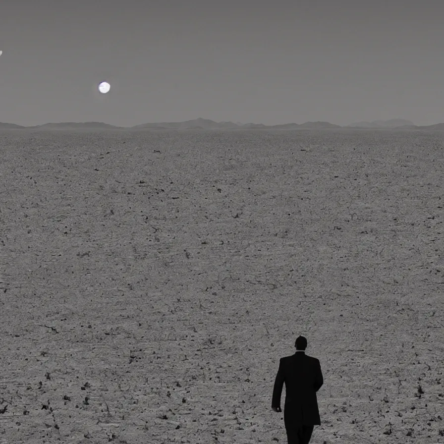Image similar to a surreal landscape of a powerful man wandering in a vast desert lit by a frightening moon