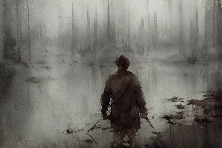 Prompt: watercolor fast painting of scandinavian bog, reflective, fog, ambient lighting, art by anders zorn, wonderful masterpiece by greg rutkowski, sloppy and quick, sketched mockup aquarelle, paint splashes, splashed dripping ink