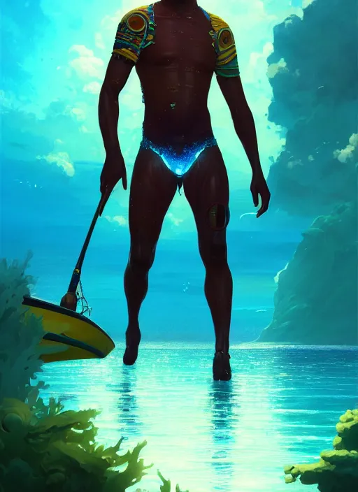 Prompt: portrait of a male jamaican fisherman sci - fi glowing fishing armor muscular caribbean intricate elegant highly detailed digital painting artstation concept art, ocean background, jamaican colors, cinematic, greg rutkowski, loish, rhads, ferdinand knab, makoto shinkai and lois van baarle, ilya kuvshinov, rossdraws, tom bagshaw