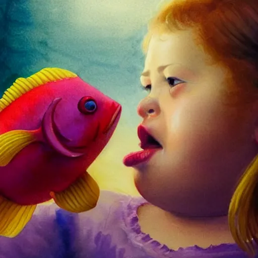 Prompt: a hype realistic oil painting of the most cute little fat girl kissing a huge colorful cute fish. hype realistic scene. studio lighting. window. 3 d, octane render, deep focus, fashion style, white scene. very funny and sweet art. unreal engine. watercolor. fellini style. poster quality. da vinci painting style. highly detailed.