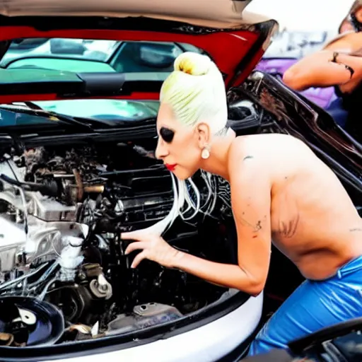 Image similar to lady gaga fixing a car engine