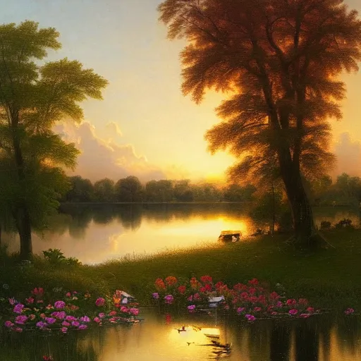 Image similar to a painting of a duck pond at sunset, surrounded by flower bushes, a detailed matte painting by Robert S. Duncanson, deviantart, hudson river school, terragen, trending on artstation