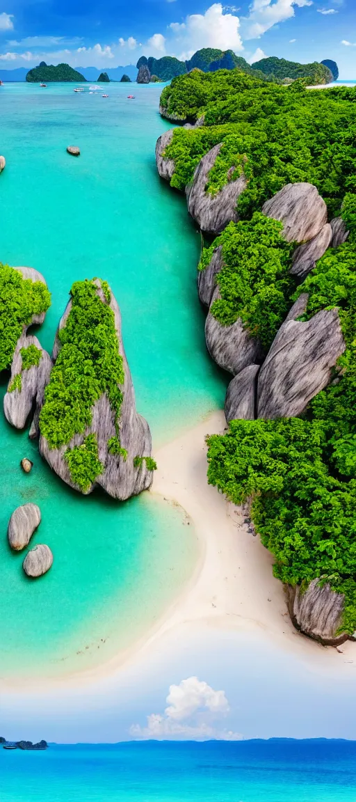 Image similar to koh samui koh krabi crystal clear blue water white sandy beach, 8 k wallpaper, high viewpoint, beautiful lighting, dslr