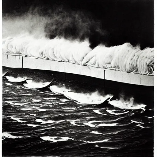 Image similar to insane by walker evans. the installation art of a huge wave about to crash down on three small boats. the boats are filled with people, & they all look terrified.