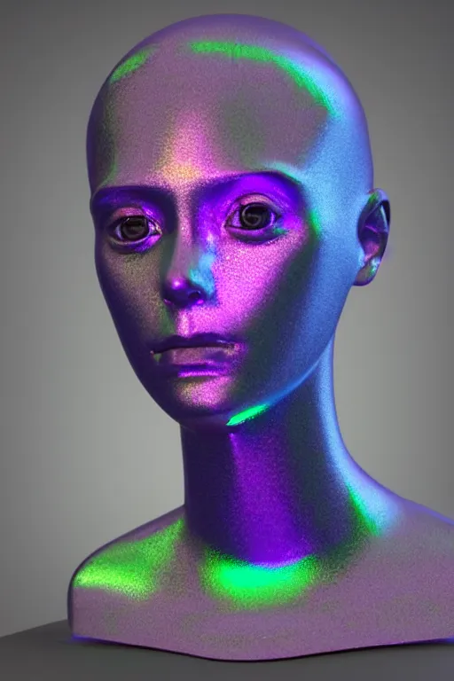 Image similar to 3d render of holographic human robotic bust made of glossy iridescent, bust, surrealistic 3d illustration of a human non-binary, non binary model, 3d model human, cryengine, made of holographic texture, holographic material, holographic rainbow, concept of cyborg and artificial intelligence