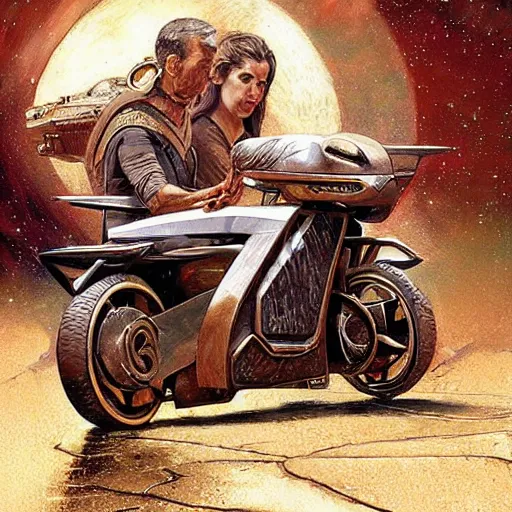 Prompt: STAR TREK motorbike designed in ancient Greece, (SFW) safe for work, photo realistic illustration by greg rutkowski, thomas kindkade, alphonse mucha, loish, norman rockwell