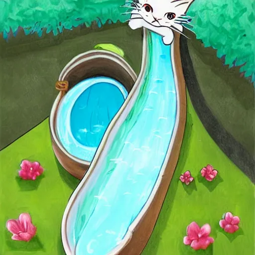 Image similar to art by Kawacy, cute cat sliding down a water slide