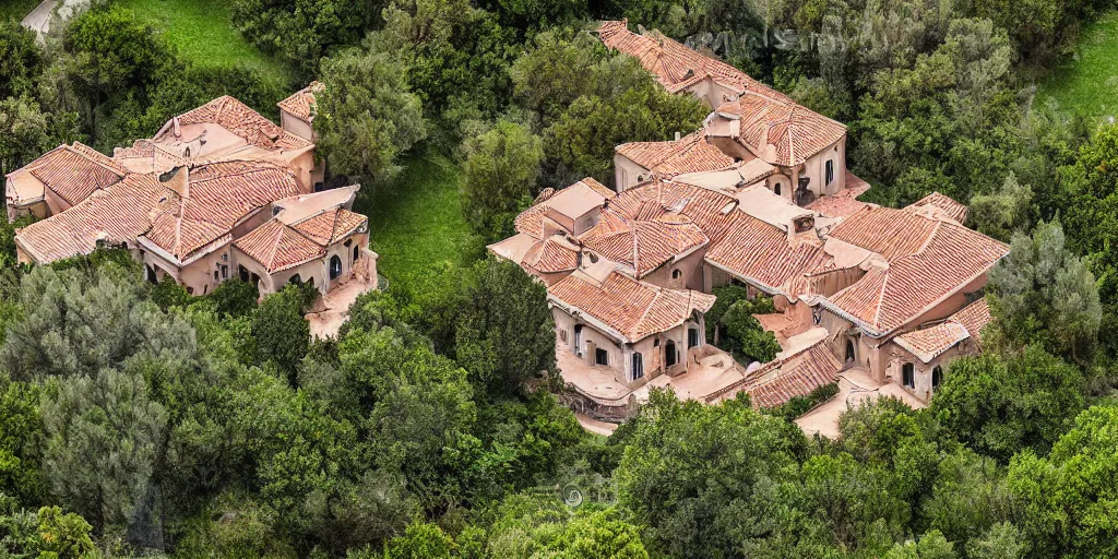 Prompt: pablo esbobar's villa, aerial view, photograph, extremely detailed, hdr