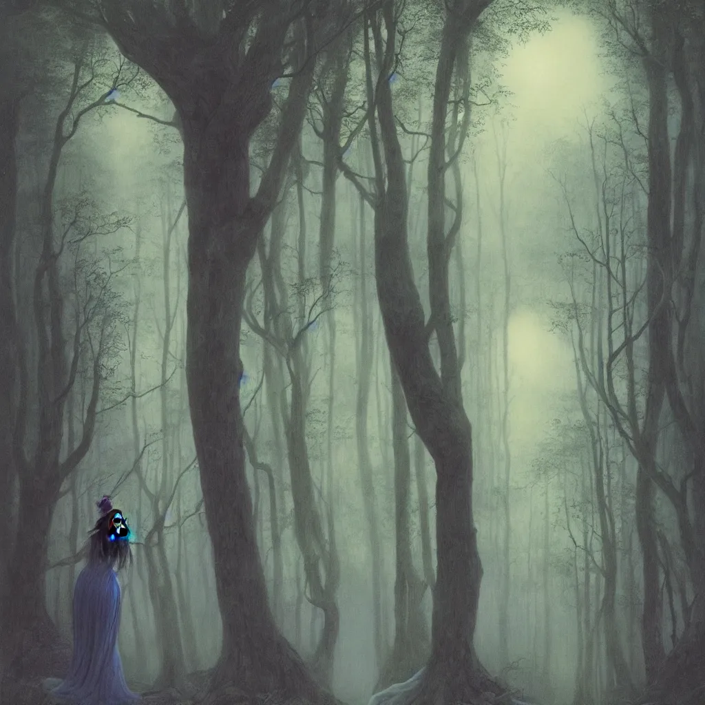 Prompt: beautiful young Asian elf woman with blue hair in a hazy forest at dusk, by Zdzisław Beksiński!dream beautiful young Asian elf woman with blue hair in a hazy forest at dusk, by Zdzisław Beksiński
