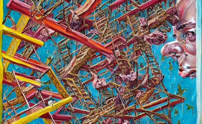 Prompt: chutes and ladders. detailed abstract painting by bordalo ii, by mc escher, by raqib shaw, japanese popsurrealism,