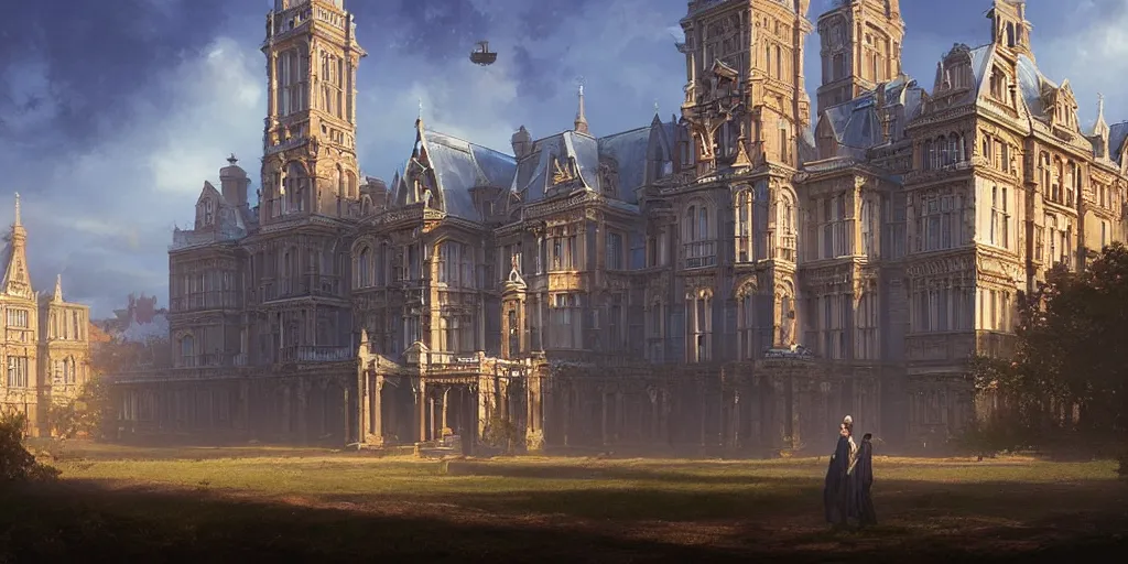 Image similar to portrait of an ornate victorian college building, blue sky, volumetric, well lit, victorian, detailed, realistic, digital art by greg rutkowski and jordan grimmer