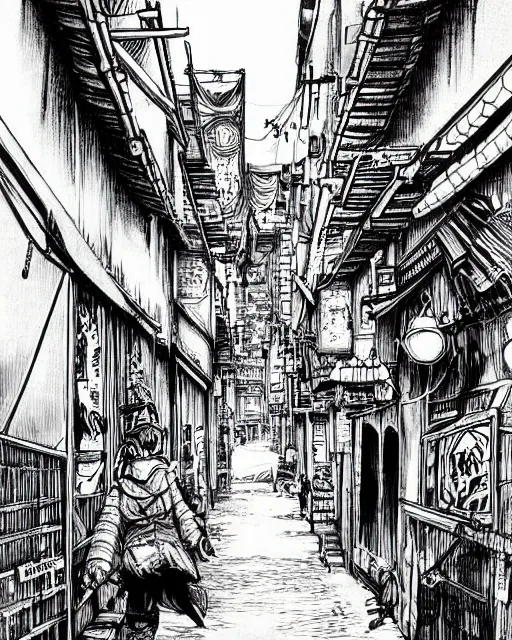 Prompt: highly detailed ink illustration of a dark alley of taipei, b & w clean shaped illustration by kim jung gi, ric estrada, ron english and eiichiro oda