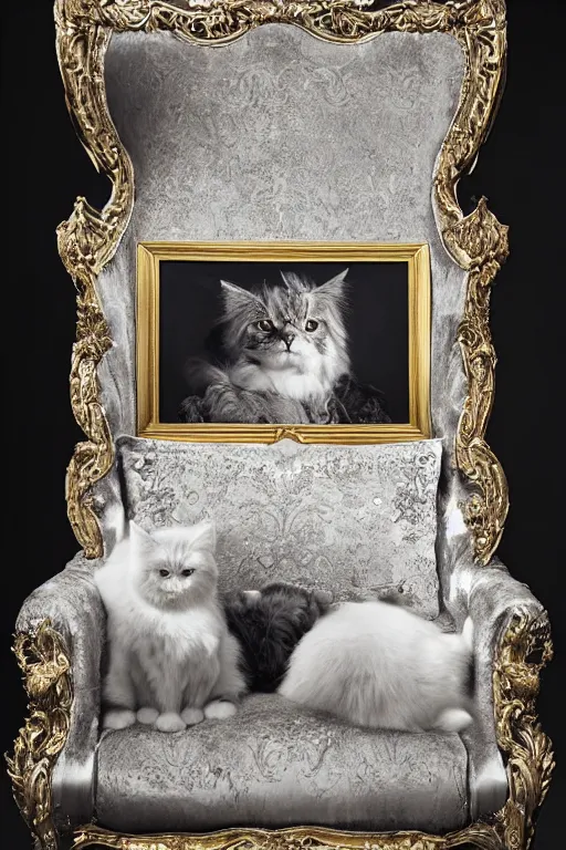 Image similar to a silver gelatin photo portrait of a royal cat, outrageously fluffy, on an embroidered velvet cushion on a neo - rococo gilded little bed, by david lachapelle, photorealistic, photography, wide shot