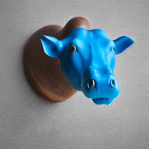 Image similar to a museum - quality wood and ceramic hippopotamus made of polished wood with a bright blue ceramic hippopotamus head, hd photograph, matte gray background