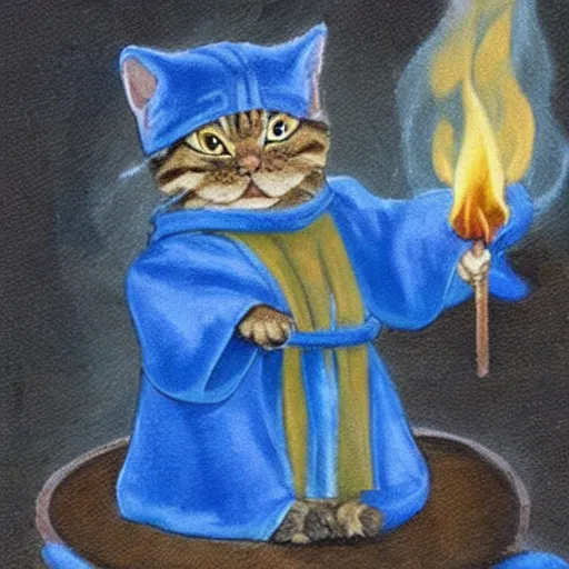 Prompt: A cat wizard wearing blue robes casting a fire spell