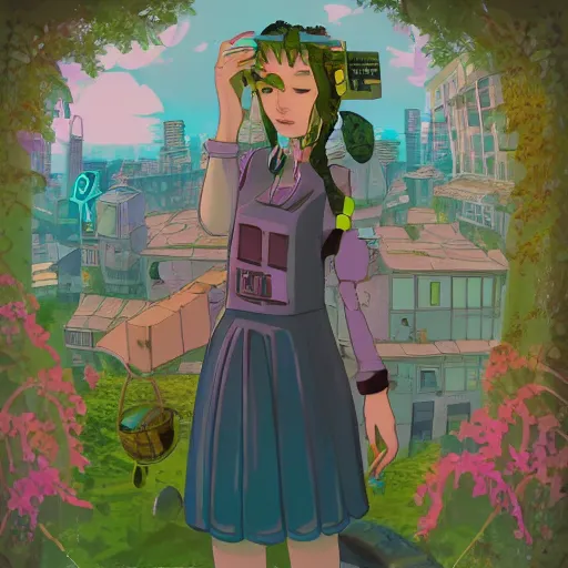 Prompt: lofi girl, utopian city, solarpunk