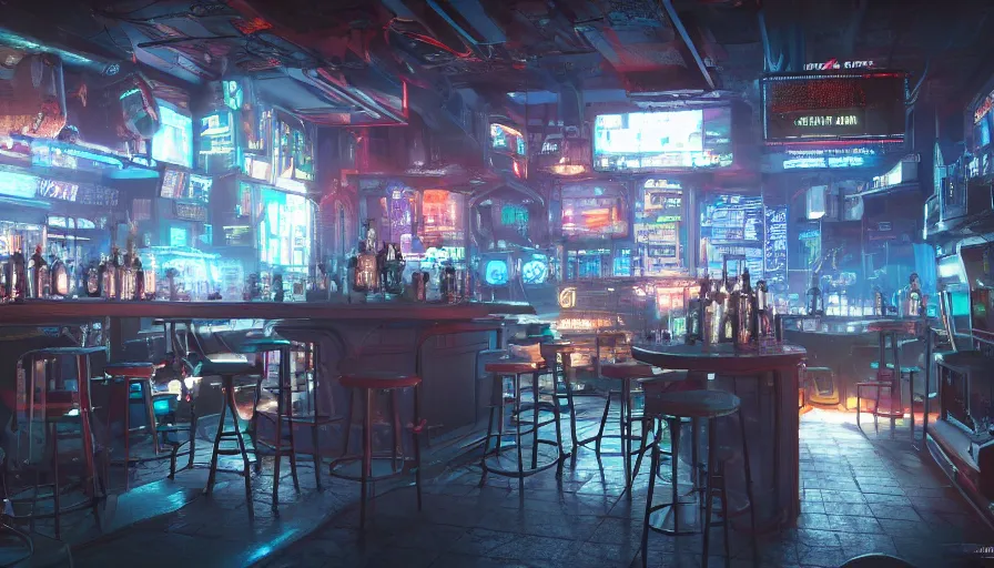 Prompt: cyberpunk themed pub filled with robots, very detailed, octane render, 4 k, trending on artstation