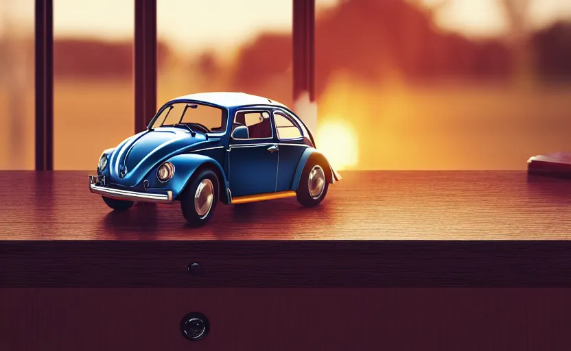 Image similar to a miniature of a VW Beetle on a bookshelf near a window at sunset, DOF, octane render, unreal engine 5, godrays, complementary colors, calm, symmetrical, highly detailed, high quality, 4k, beautiful, hyperrealistic