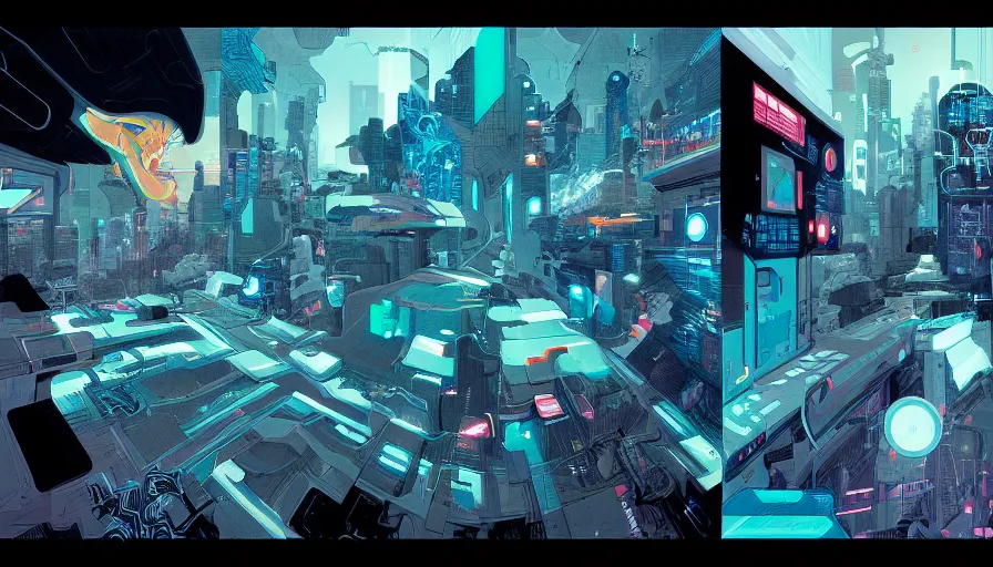 Image similar to the origine of cybertimes, metahumans, fractals, cyberpunk, visual development by james jean and josan gonzales, dynamic lighting