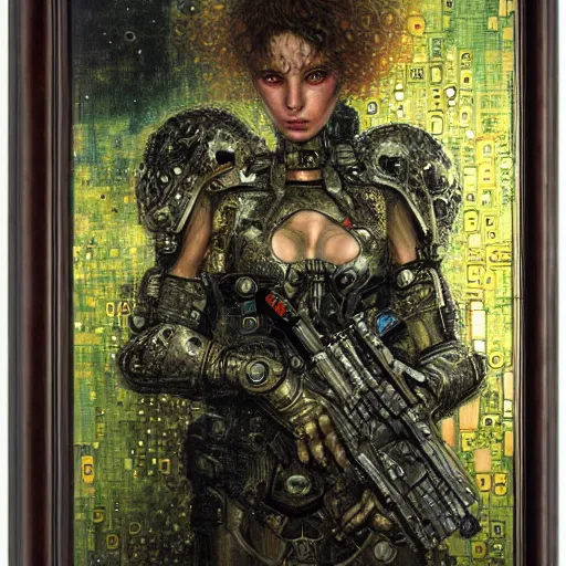 Image similar to cybernetic female supersoldier armed with laser rifle, intricate detail, klimt, royo, whealan,