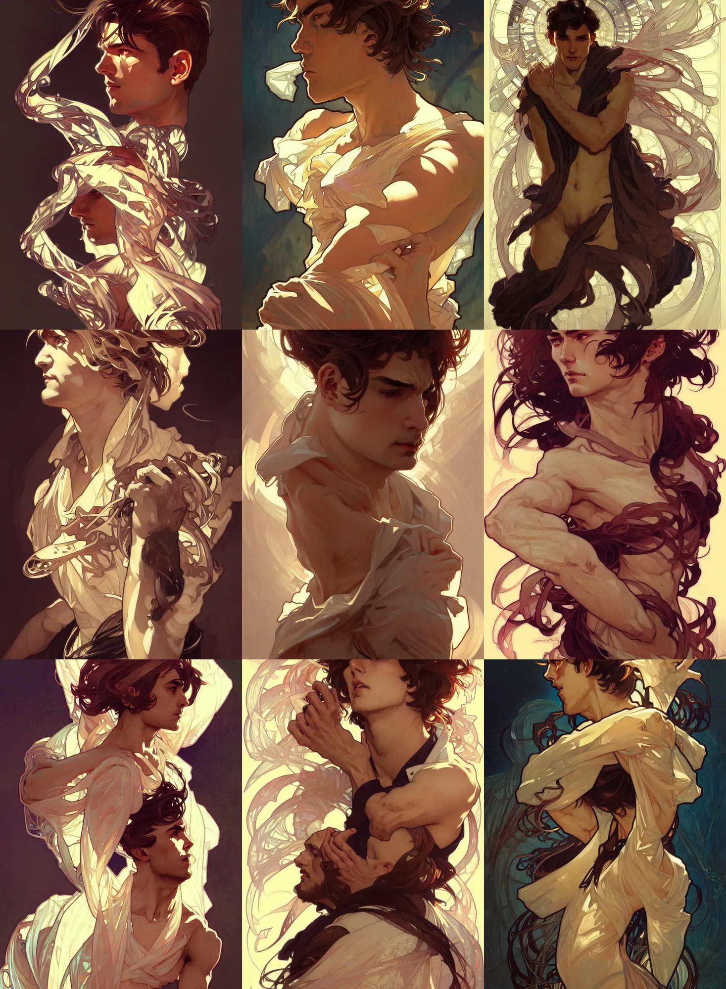 Prompt: deco art by artgerm and greg rutkowski and alphonse mucha. clear portrait of a lonely attractive men, hyper detailed, character concept, full body!! dynamic pose, glowing lights!! intricate, elegant, highly detailed, digital painting, artstation, concept art, smooth, sharp focus, illustration