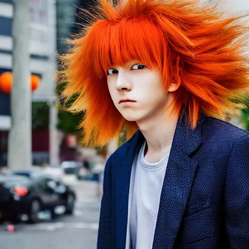 Image similar to orange - haired anime boy, 1 7 - year - old anime boy with wild spiky hair, wearing blue jacket, shibuya street, bright sunshine, strong lighting, strong shadows, vivid hues, sharp details, subsurface scattering, intricate details, hd anime, high - budget anime movie, 2 0 2 1 anime