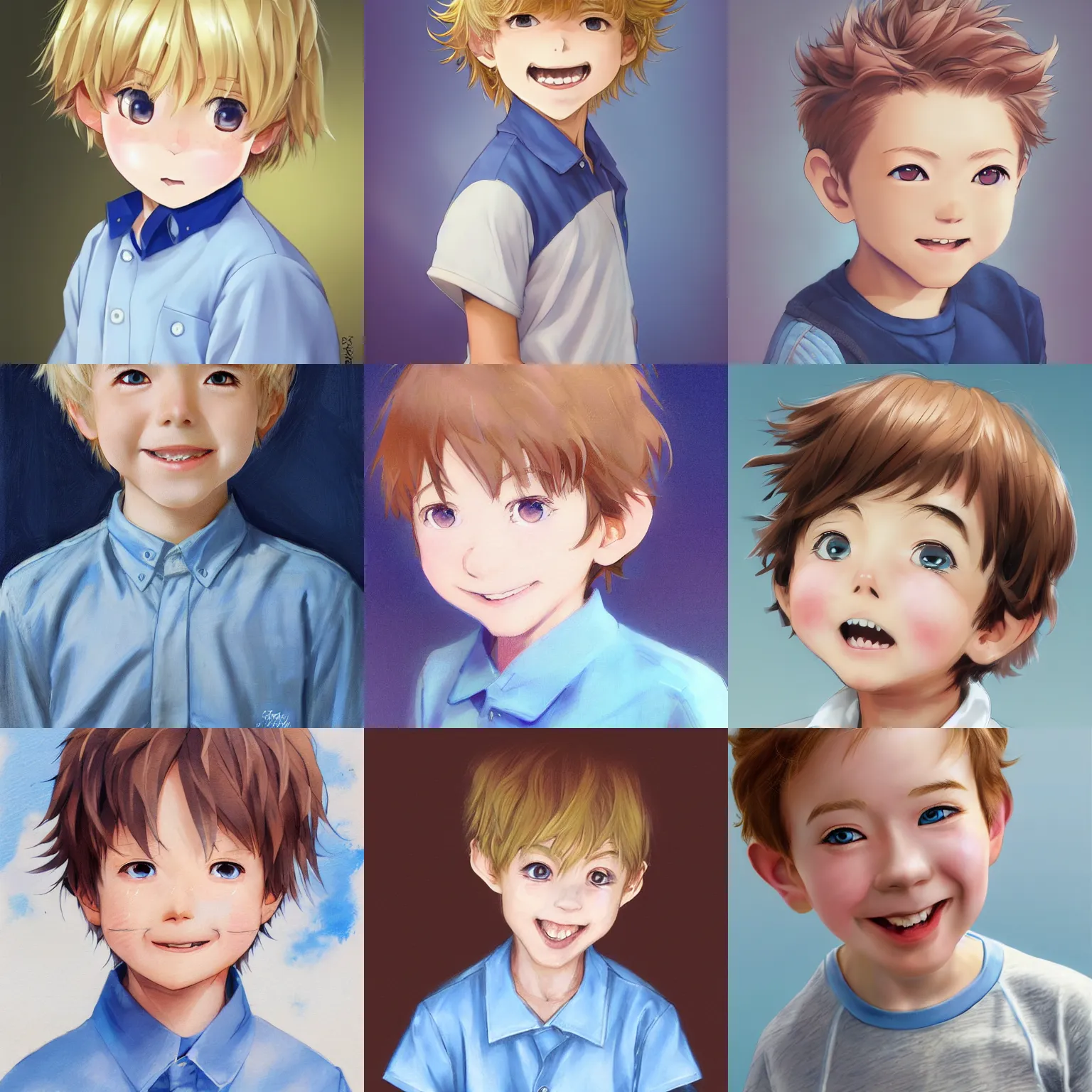 Prompt: A medium shot anime portrait of a smiling anime boy with short curly light blonde hair and blue eyes, rosy cheeks, blue-eyed, wearing a shirt, very young child, four years old, by Stanley Artgerm Lau, WLOP, Rossdraws, James Jean, Andrei Riabovitchev, Marc Simonetti, and Sakimi chan, trending on artstation