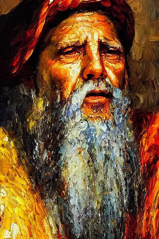 Image similar to highly detailed palette knife oil painting of a historically accurate depiction of the ancient biblical israeli king solomon, wealthy, wise, by Peter Lindbergh, impressionistic brush strokes, painterly brushwork