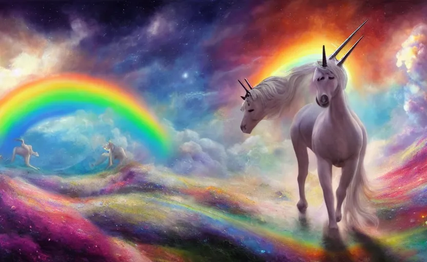 Image similar to an oil painting of a unicorn walking on an rainbow in space, masterpiece, highly detailed, high quality, 4K, anatomically correct, hyperrealistic, concept art, octane render, unreal engine 5, trending on Artstation, trending on DeviantArt, matte, historical painting, fantasy style, path traced, high coherence, soft lighting, digital painting, mythical