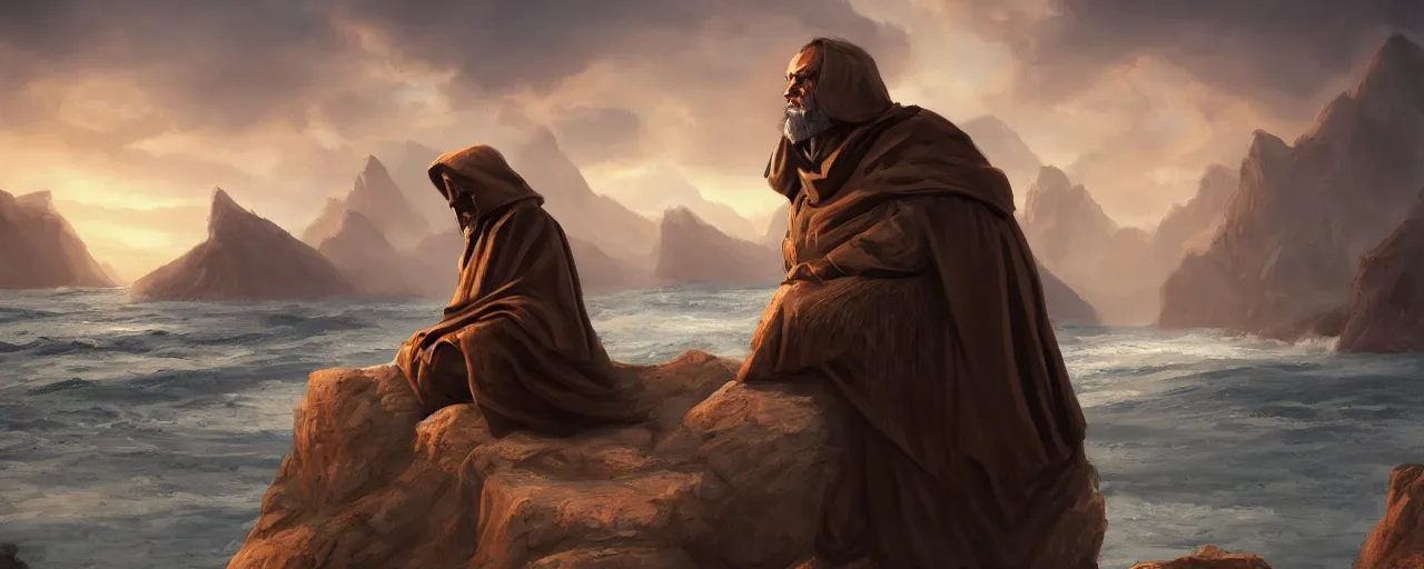 Prompt: an old wise man wearing a cloak sitting on a rock at the beach, magical atmosphere, magical atmosphere, trending on artstation, 30mm, by Noah Bradley trending on ArtStation, deviantart, high detail, stylized portrait