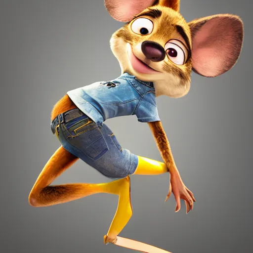 Image similar to 3 d render, portrait, headshot, closeup, anthropomorphic mouse, female, wearing denim short shorts and a off yellow tank top, in the style of zootopia, closeup