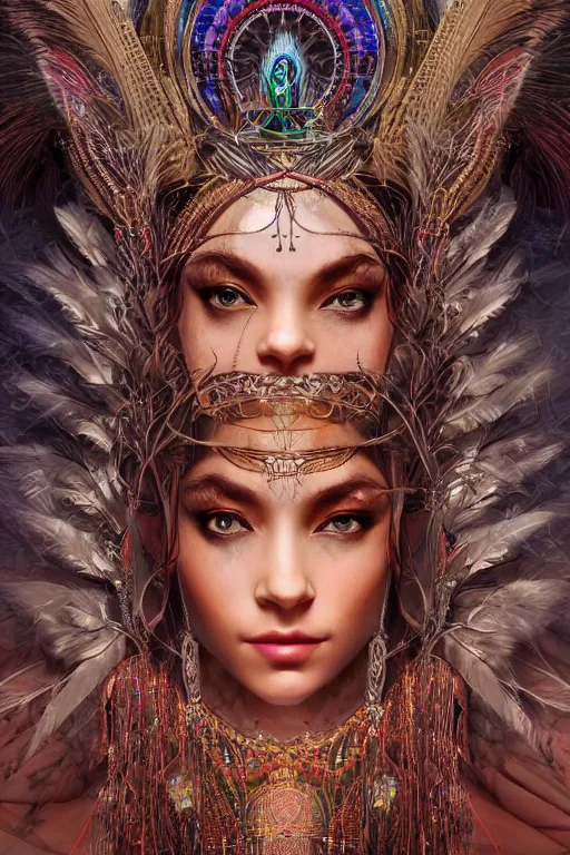 Image similar to a centered render of a single alluring mystical tribal goddess adorned with feathers and gemstones and cables and synthesizer parts is surrounded by sacred geometry made from elven architecture, full body, gorgeous, perfect face, powerful, cinematic, beautifully lit, by artgerm, by karol bak, 3 d, trending on artstation, octane render, 8 k