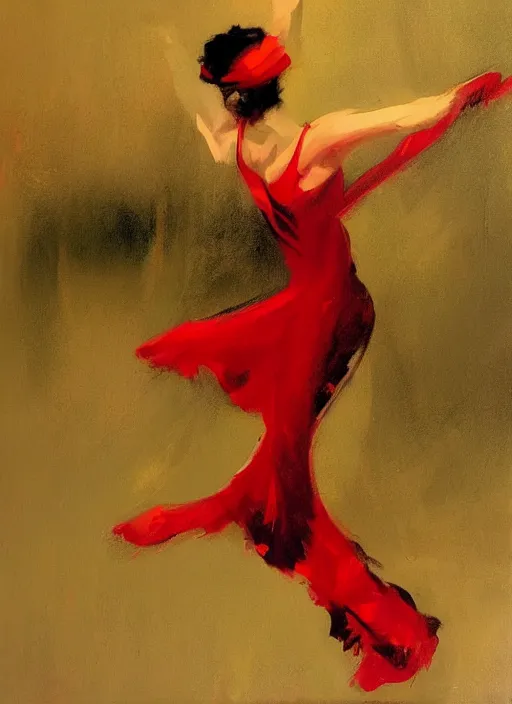 Prompt: tango dancer in red dress, painting by phil hale, fransico goya,'action lines '!!!, graphic style, visible brushstrokes, motion blur, blurry, visible paint texture, crisp hd image