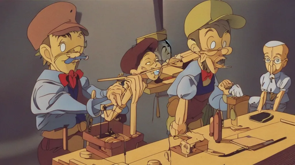 Prompt: geppetto making pinocchio, anime film still from the an anime directed by katsuhiro otomo with art direction by salvador dali, wide lens