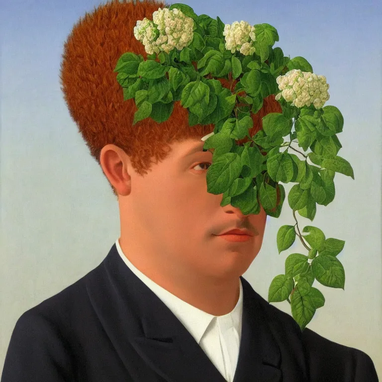 Prompt: portrait of a man, beautiful flowers are growing as his head, by rene magritte, detailed painting, hd, hq, high resolution, high detail, 4 k, 8 k