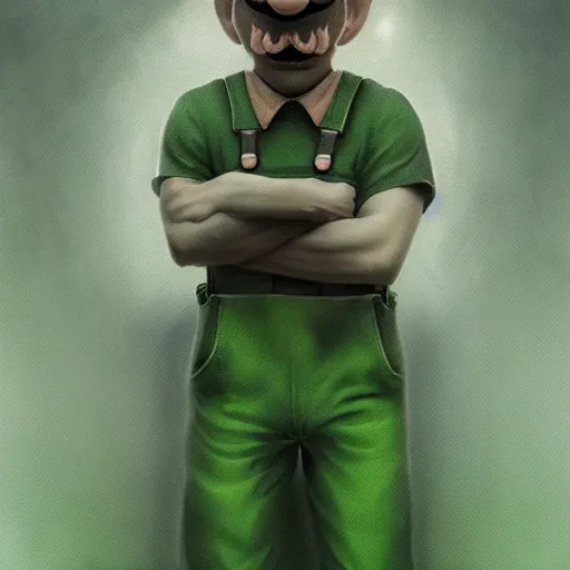 Prompt: professional fantasy art of new mario brother in green overalls, long thin drooping mustache, sad face, looking at viewer with sad face expression, professional art, horror art, matte painting, zdislaw beksinski, volumetric lighting, unreal engine 5, very detailed art