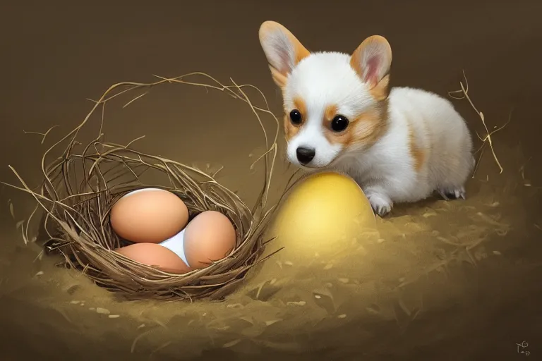 Prompt: a baby corgi crawling out of an egg in a nest, fantasy art, concept art, digital art, trending on artstation, 4 k, extremely detailed, realistic,