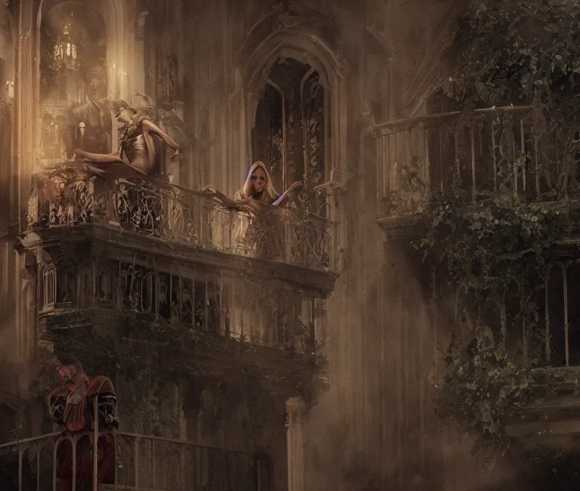 Image similar to the balcony scene from Romeo and Juliet as a dark fantasy, gothic romance, Nicholas Hoult as Romeo, and Elle Fanning as Juleit gloomy and foggy atmosphere, octane render, artstation trending, horror scene, highly detailded