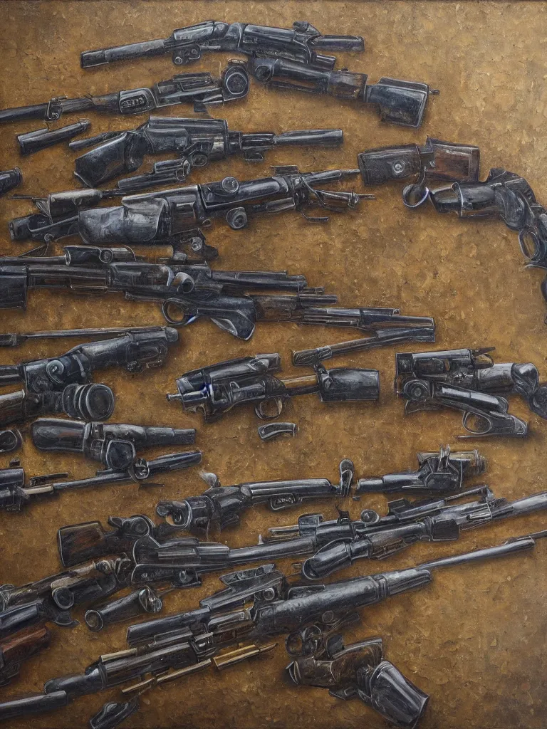 Prompt: detailed oil painting of machine guns shotguns rifles revolvers bullets on a wall, ultrarealistic, intricate details, 4k