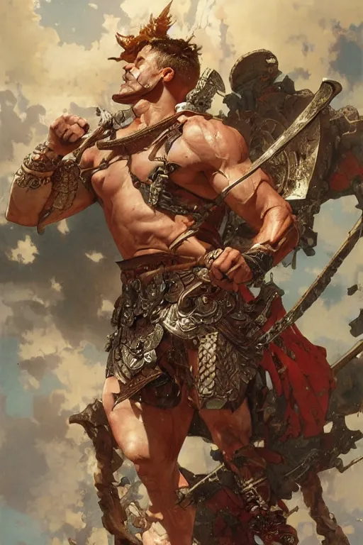 Prompt: muscular male barbarian stabbing the sky, intricate details, large sword, by Stanley Artgerm Lau, by greg rutkowski, by thomas kindkade, by alphonse mucha, loish, by norman rockwell J.