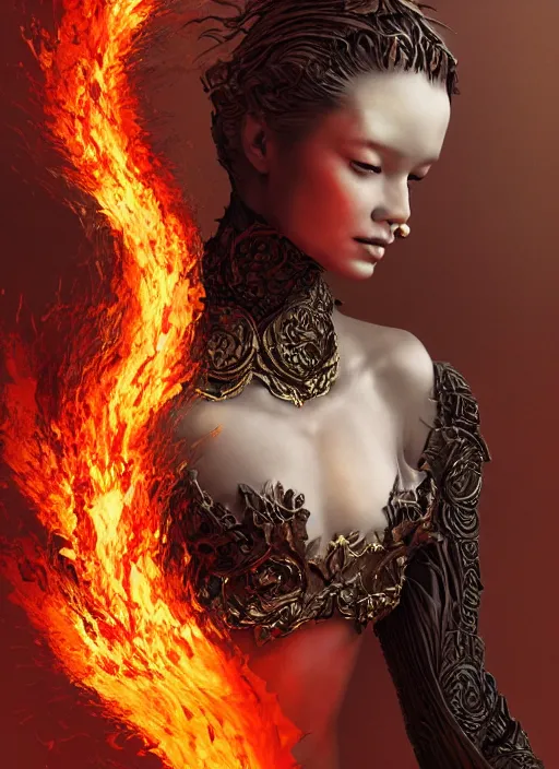 Image similar to sculpture made of fire, portrait, female, future, torch, flame, harper's bazaar, vogue, fashion magazine, intricate, concept art, close up, ornate, luxury, elite, elegant, trending on artstation, by ruan jia, by Kenneth Willardt, by ross tran, by WLOP, by Andrei Riabovitchev,