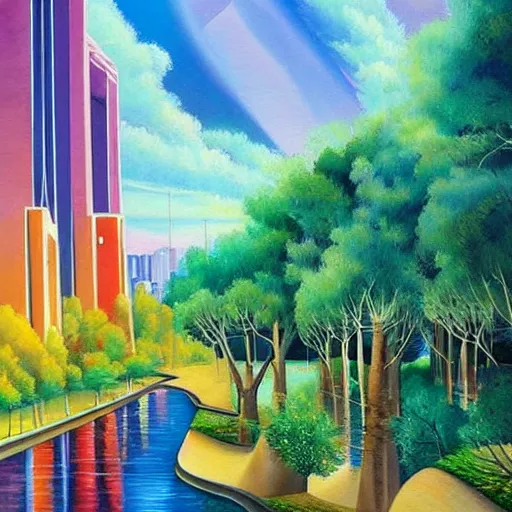 Image similar to Beautiful city of the future in harmony with nature. Nice colour scheme, soft warm colour. Beautiful painting by Lurid. (2022)