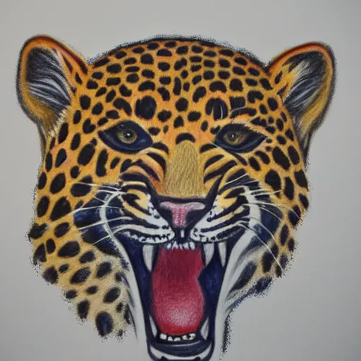 Image similar to colored pencil drawing of a happy leopard