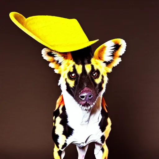 Image similar to The world's greatest showman: the african painted dog dressed in a hat!