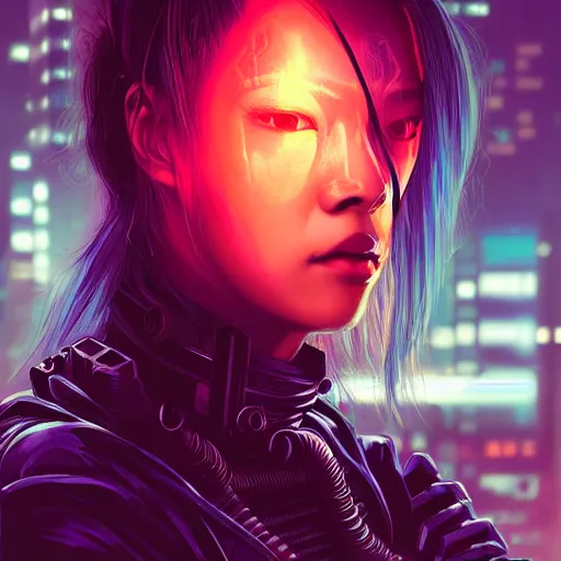 Image similar to portrait of a fierce dangerous female cyberpunk hacker samurai in neotokyo at night, futuristic cyberpunk tokyo night, sci - fi and fantasy, intricate and very beautiful, highly detailed, digital painting, artstation, concept art, smooth and sharp focus, illustration, art by tian zi and wlop and alphonse mucha