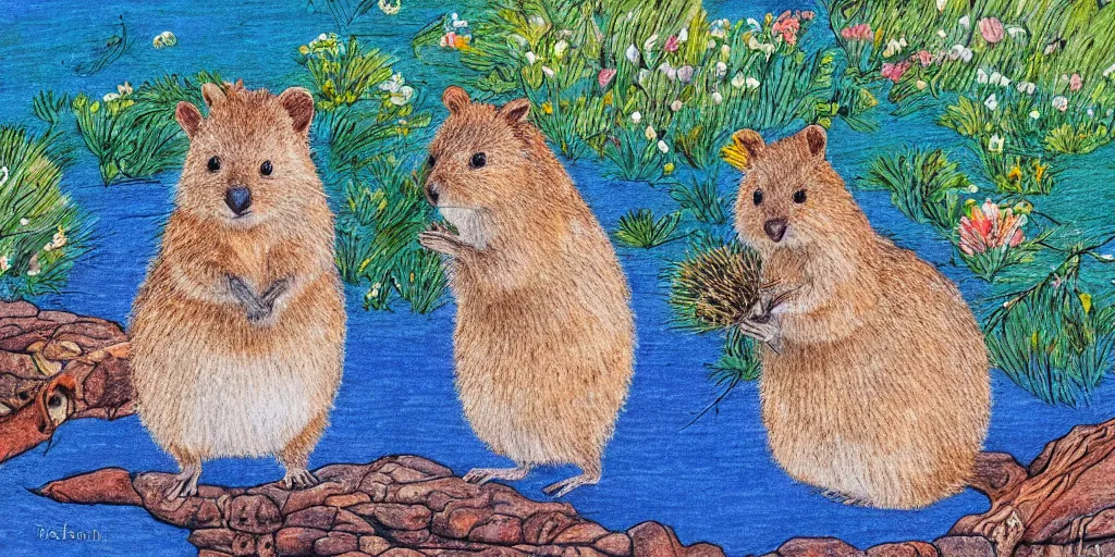 Image similar to detailed illustration, “A happy quokka on Rotttnest Island in the style of May Gibbs”,