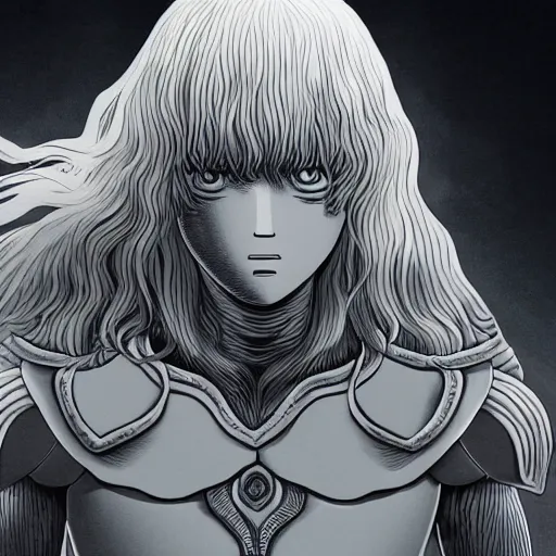 Image similar to griffith from berserk in the style of kentaro miura, 4 k, 8 k, absolute detailing of even the smallest details and particles, beautiful shadows, beautiful art, black and white drawing