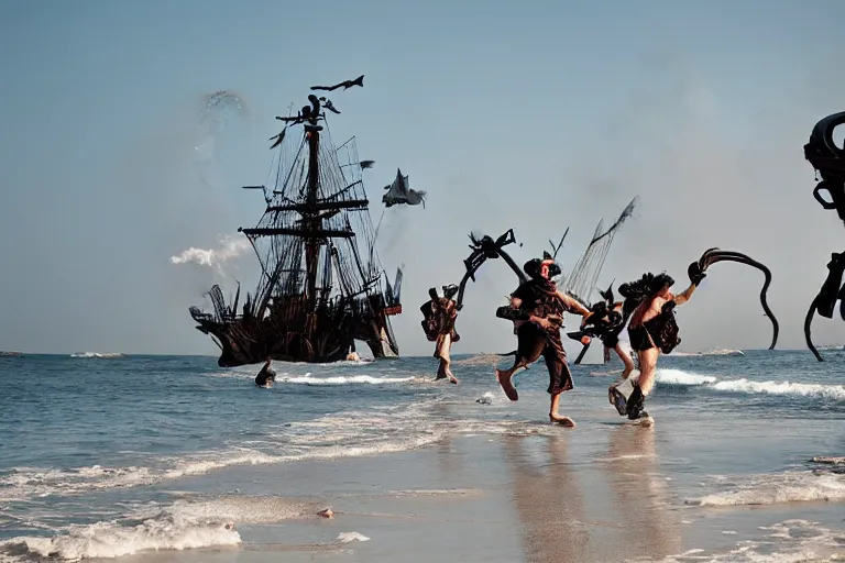 Prompt: portrait pirate crew running down beach as pirate ship fires canons, sand explosion 8 5 mm by emmanuel lubezki