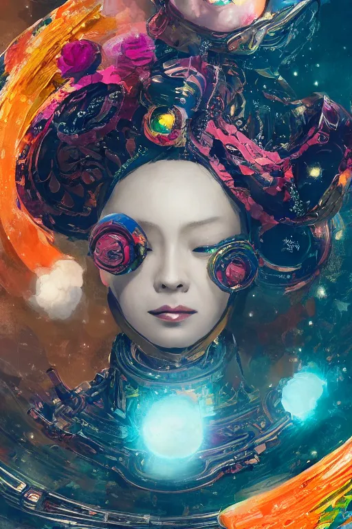 Prompt: a fancy portrait of a beautiful automaton in space with a colourful scheme by dustin nguyen, sung choi, mitchell mohrhauser, maciej kuciara, johnson ting, maxim verehin, peter konig, bloodborne, 8 k photorealistic, cinematic lighting, hd, high details, dramatic, dark atmosphere, trending on artstation