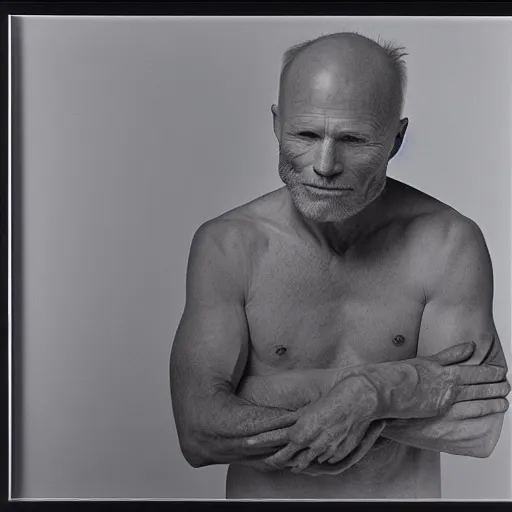 Image similar to Ruby engraving of Ed Harris, studio lighting, F 1.4 Kodak Portra